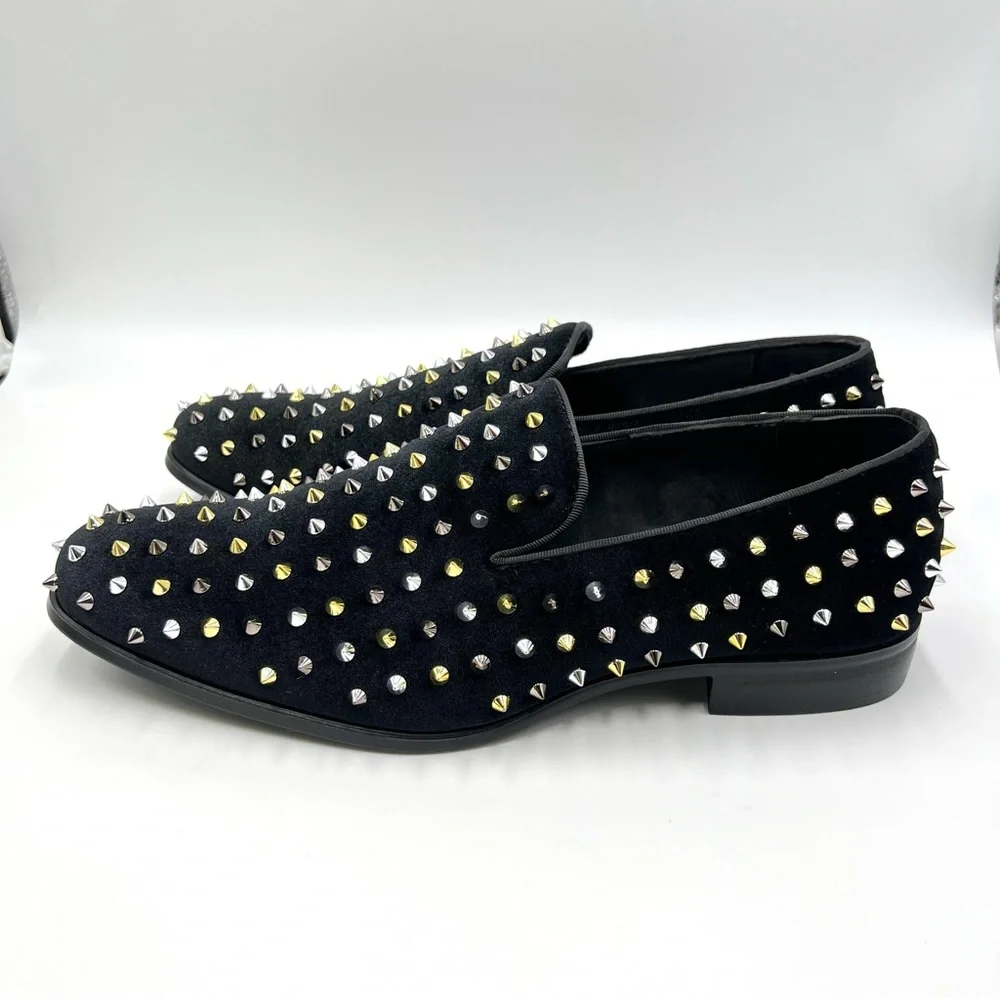 Stacy Adams Mens 9.5 Spire Black Velvet Gold Silver Spiked Studded Loafers Shoes